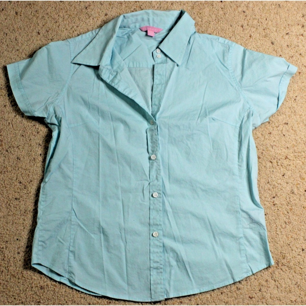 Bogari Women's Blue Button Up Shirt M Cotton Blend Woven Preppy Officecore
